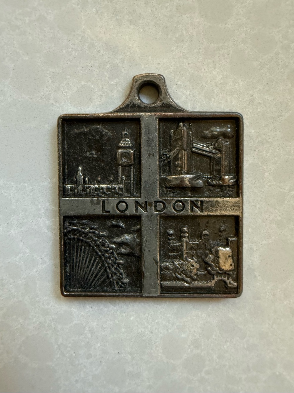 Vintage London Souvenir Square Metal Pendant - Antique Silver Tone